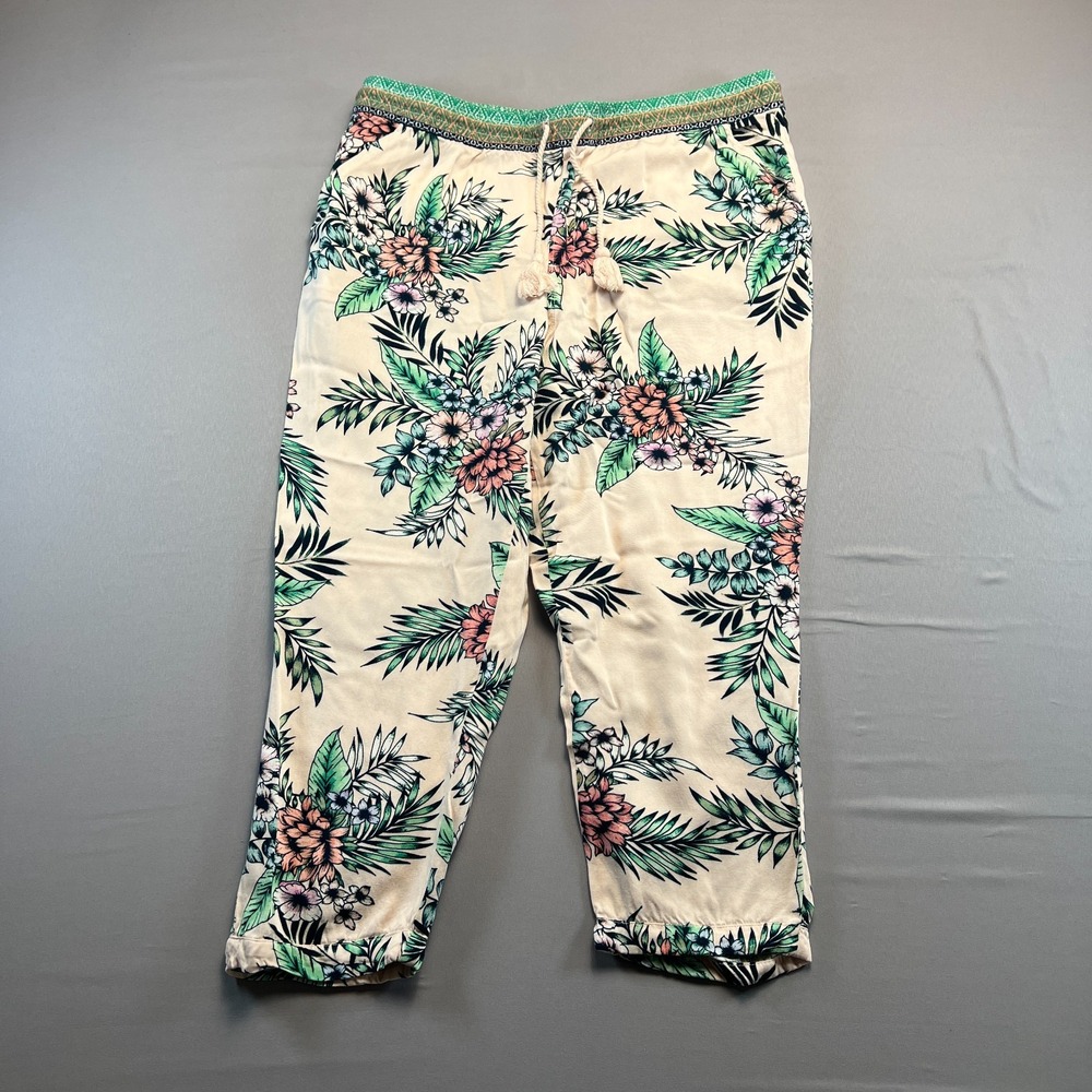 Vintage X America Cropped Pant Womens L Multi Tropical Floral Tassel Drawstring